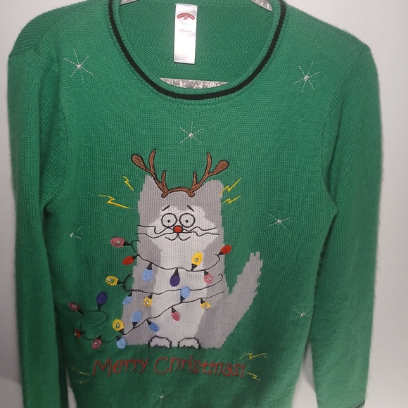 Holiday Time Festive Green Cat Sweater - Picture 1 of 6
